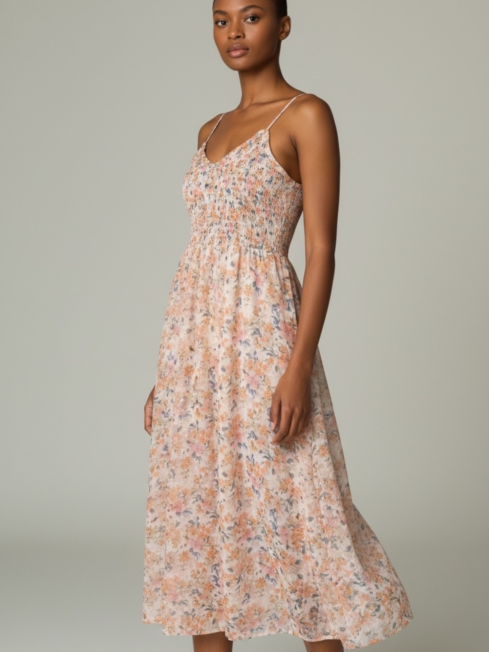 T.J.Maxx Peach Pink Floral Smocked Midi Dress
